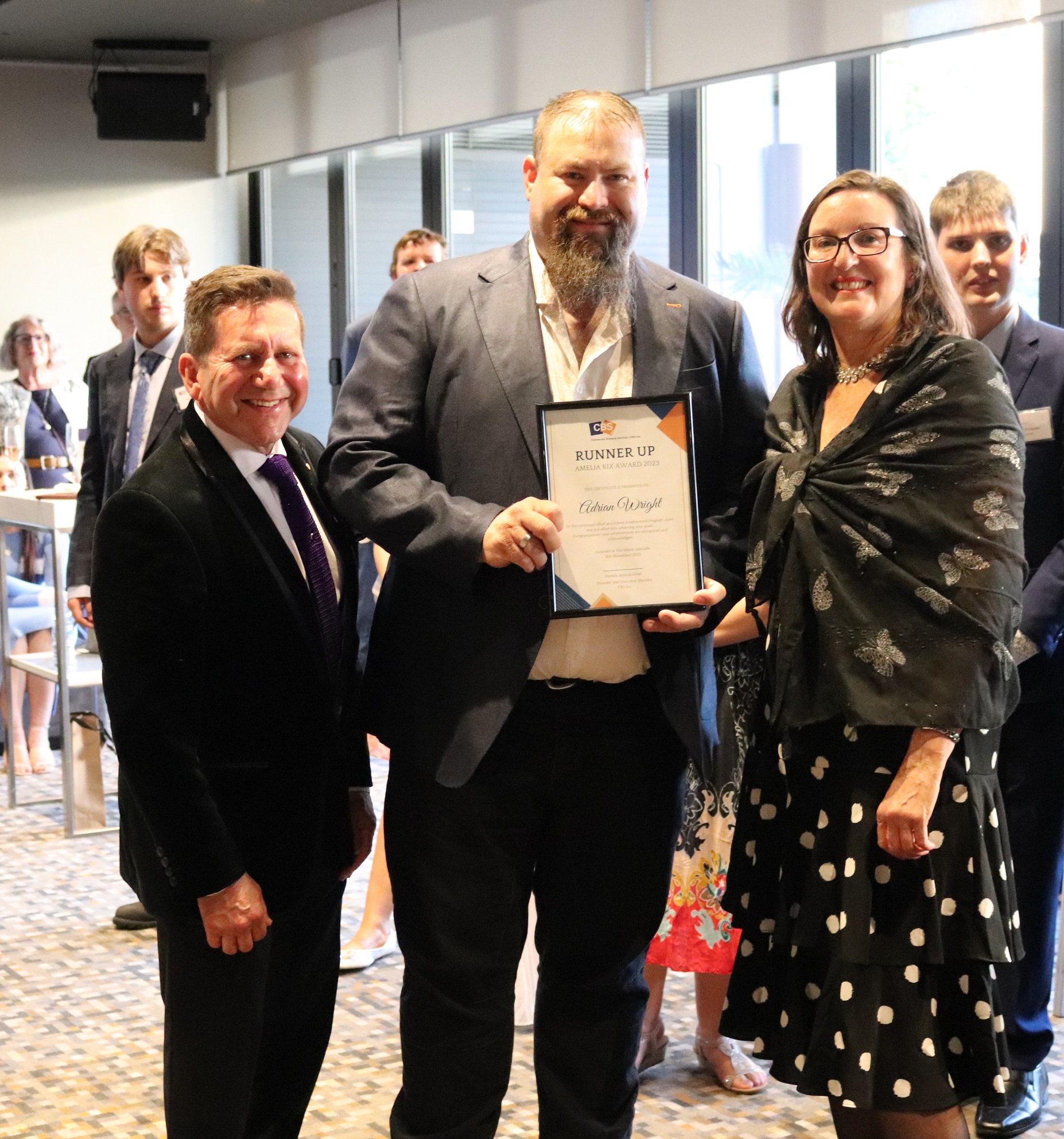 Runner up Adrian Wright with CBS Inc. Founder and Executive Director, Freddie Brincat OAM and Amelia Rix Award committee member, Caroline Manetta.